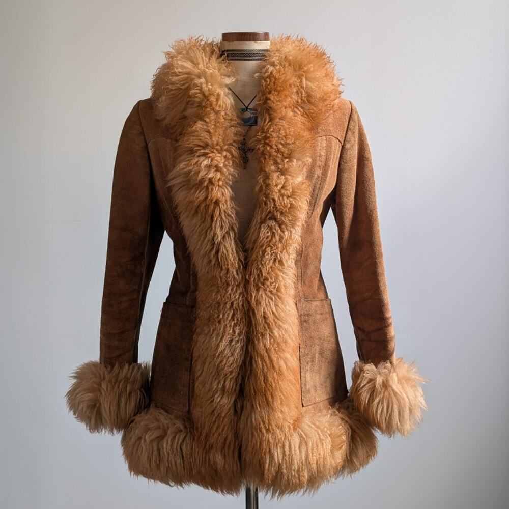 Vintage Rusty Orange Suede Penny Lane Jacket Leather Trench Coat Fur Coat Small - Picture 9 of 10